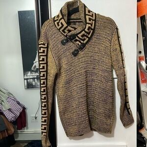 Vio Roma, brown and black heavy net sweater with leather accent detail size M